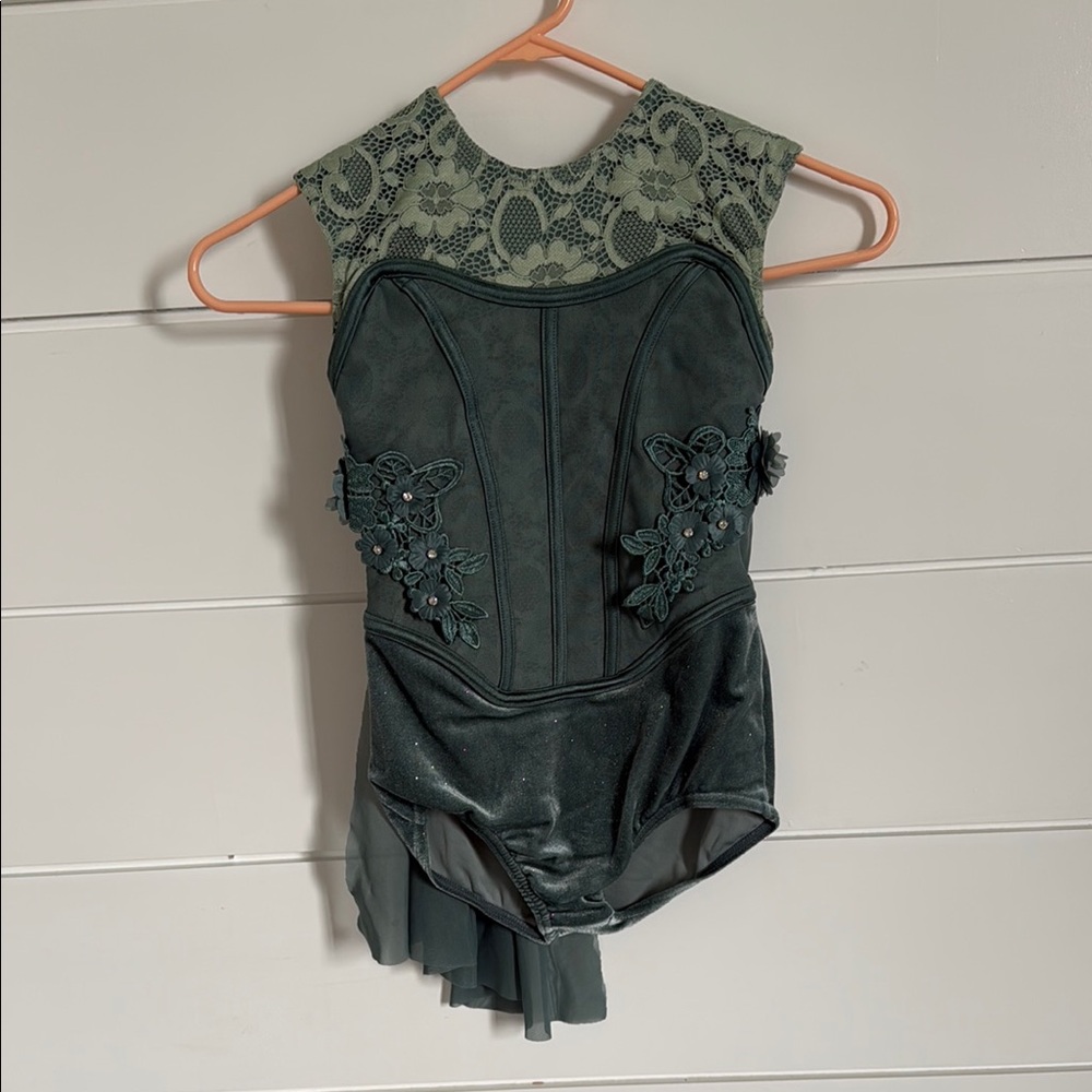 Girls Olive Green Lace-Back One-Piece Dance Costume